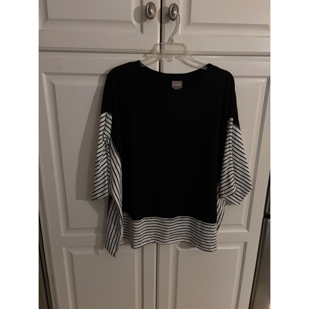 Chicos Black White Striped Colorblock Cotton Slub Knit Top Size XL